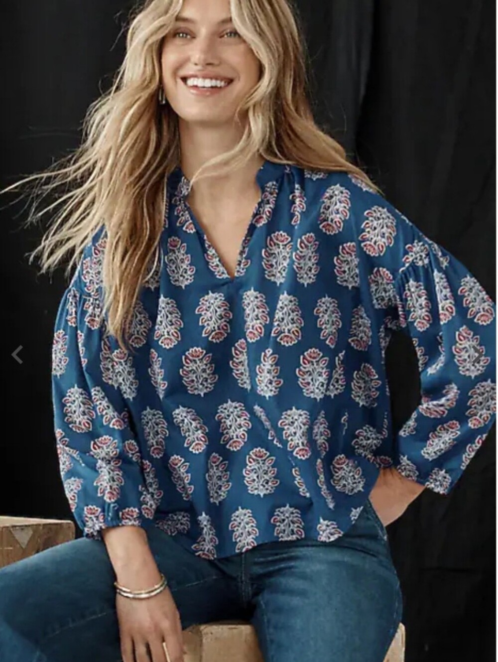 J. Jill Woven 100% Cotton Floral V-Neck Boho Butter mom Peasant Top - Blue